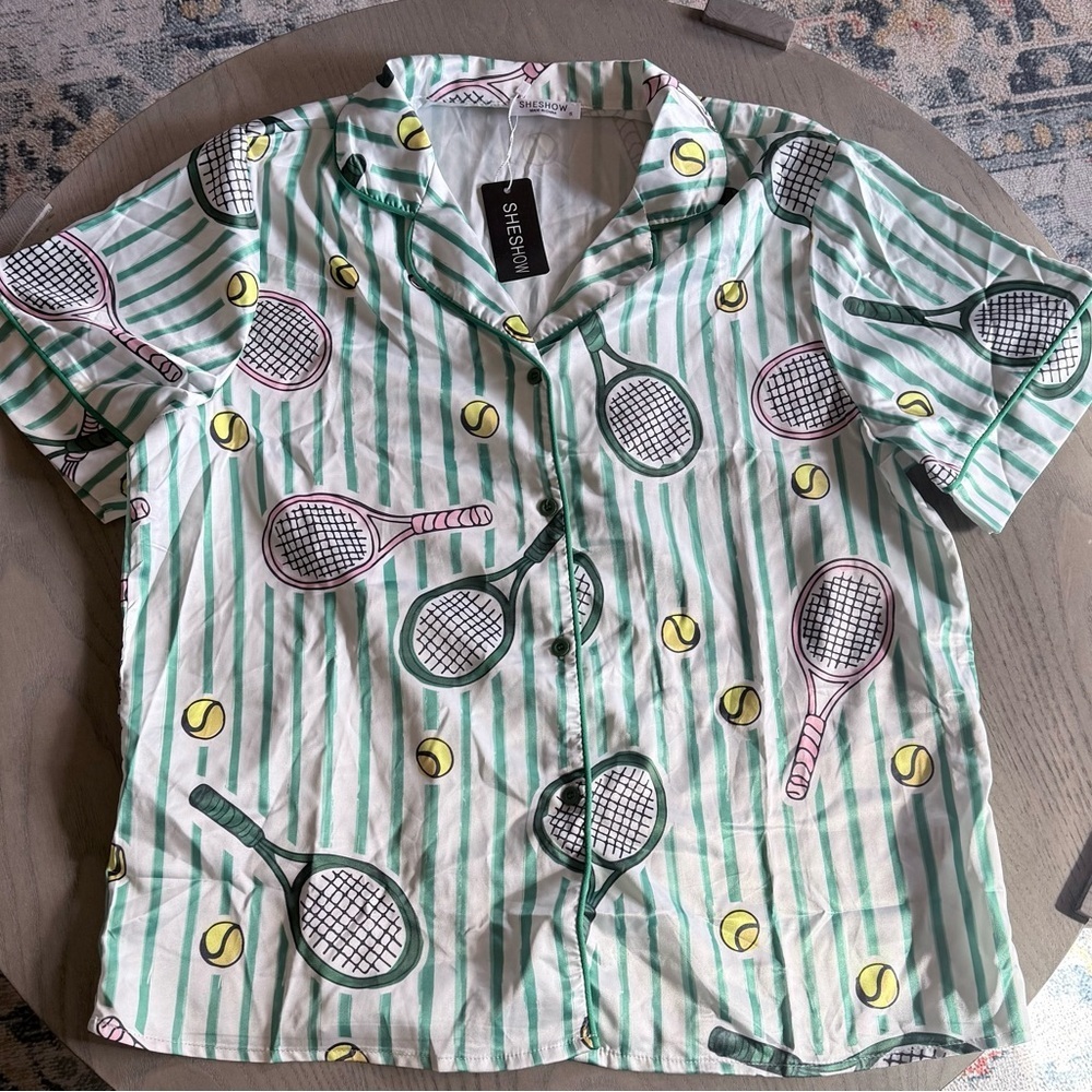 SheShow Champagne Tennis Satin Pajama Top Mint Green NWT | Women’s Small